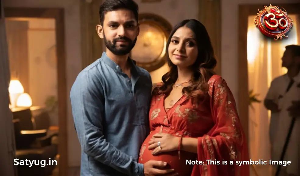 A Punjabi pregnant lady stands beside her husband, capturing the miracle of parenthood, blessed by Bala Ji and Hanuman Ji.