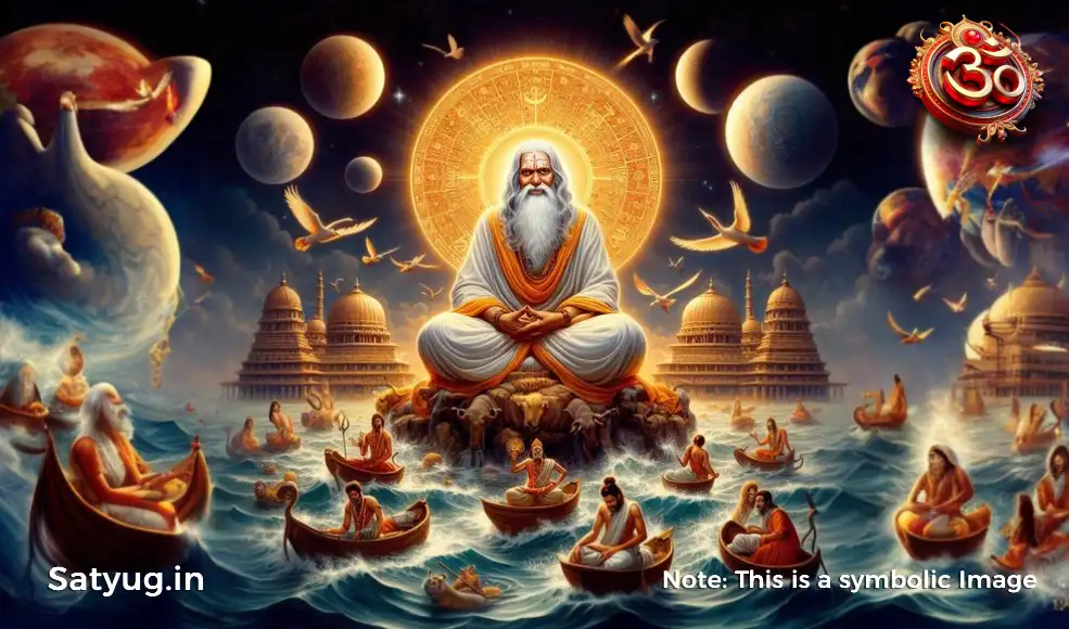Sant Achyutanand ji, a spiritual leader, seated on a rock surrounded by a group of devotees.