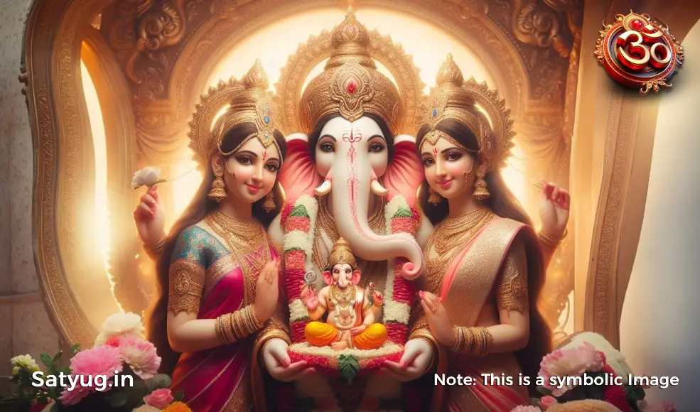 Lord Ganesh with his divine consorts Riddhi and Siddhi in a joyous wedding ceremony